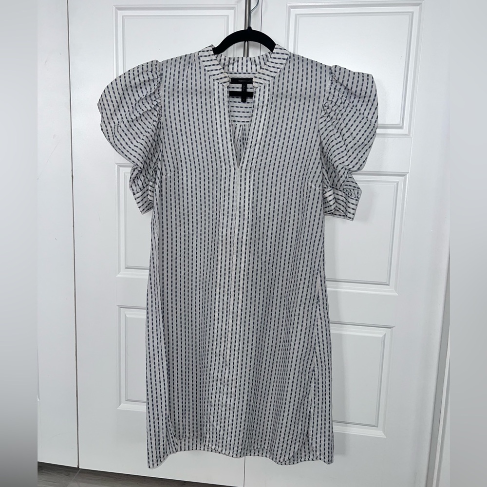 BCBGMaxAzria Black and White Puff Sleeve A-Line Dress